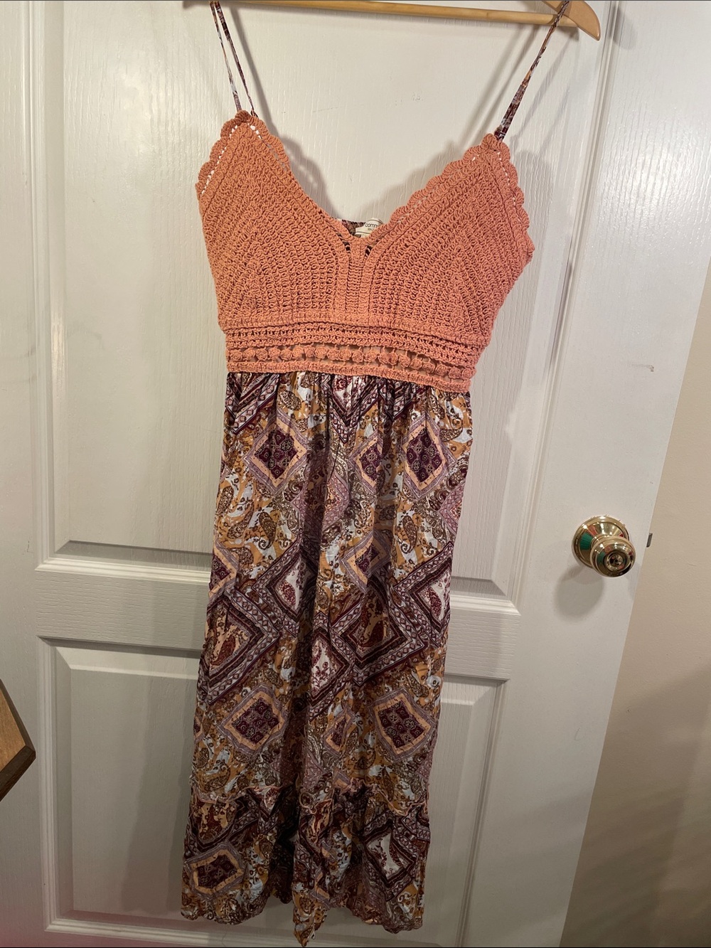 Crochet Bodice Midi Dress in Terracotta with Patterned Skirt
